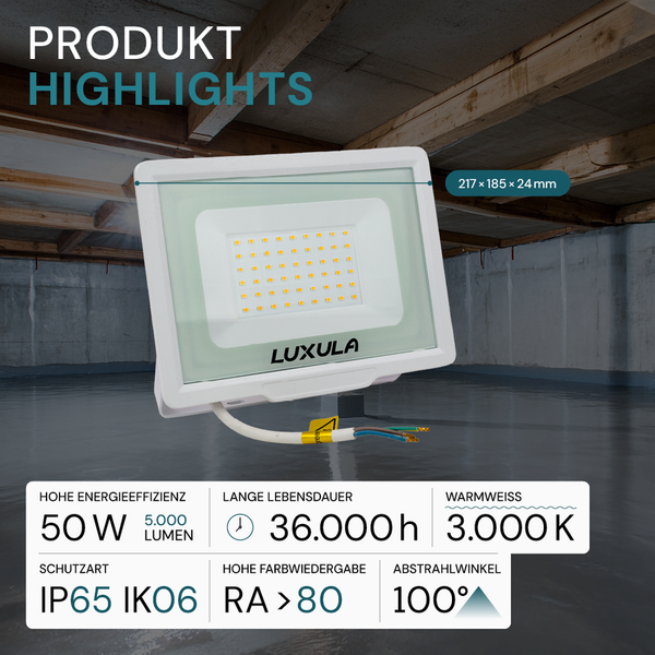 Luxula LED-Strahler mit den Maßen 217 x 185 x 24 mm, 50 Watt Leistung, 5.000 Lumen, 36.000 Stunden Lebensdauer, Schutzart IP65 IK06 und einem Abstrahlwinkel von 100 Grad.