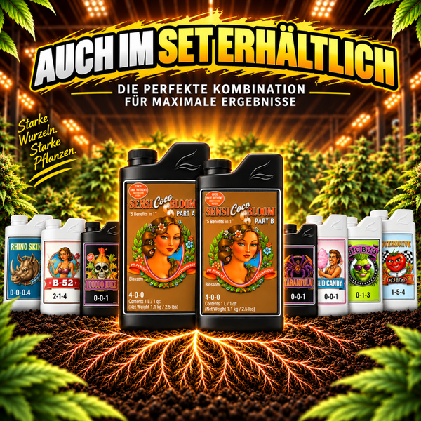 Eine Auswahl an Sensi Coco Bloom Pflanzendüngern und Zusatzstoffen in Flaschen vor einem Hintergrund mit Pflanzen und leuchtenden Wurzeln.