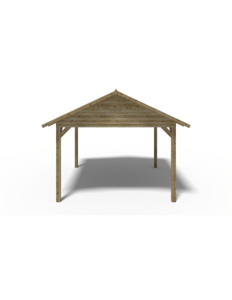 Carport aus Holz mit Satteldach und vier Pfosten.