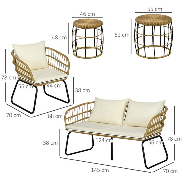 Outsunny 5 tlg. Rattan Gartenmöbel-Set, Sitzgruppe mit Kissen, 2 Couchtischen, 2 Sesseln, 1 Doppelsofa,  145L x 70B x 78Hcm, Stahl, Beige