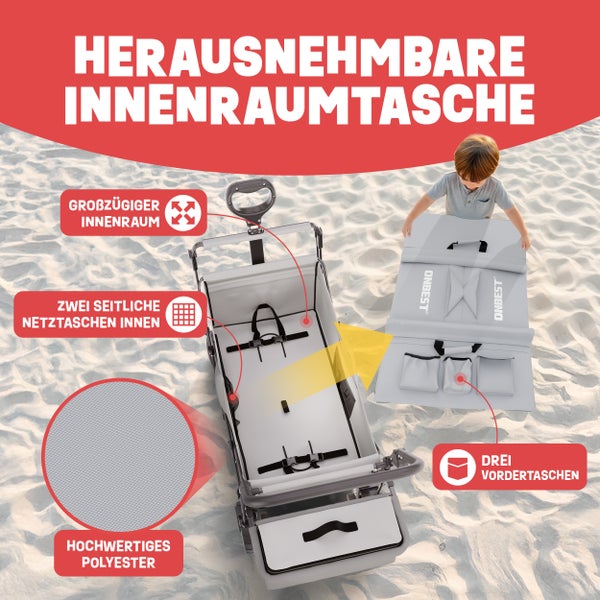 ONBEST Bollerwagen mit herausnehmbarer Innentasche, drei Vordertaschen, seitlichen Netztaschen und geräumigem Innenraum aus Polyester.
