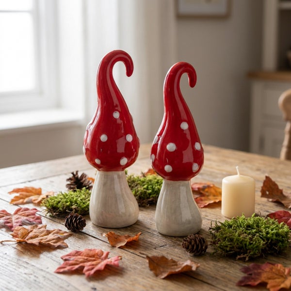 Zwei dekorative Fliegenpilz Figuren aus Keramik mit gebogenem Stiel als herbstliche Tischdekoration auf einem Holztisch mit Laub und Moos.