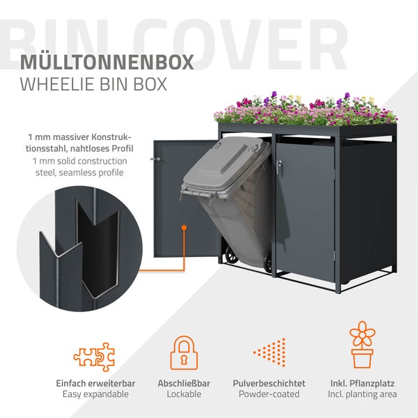 ML-Design Mülltonnenbox 4er mit Pflanzdach für 4 Mülltonnen, 240L 264x80x124cm Anthrazit, Stahl, wetterfest, Abschließbare Mülltonnenverkleidung mit Tür, Müllbox Mülltonnecontainer Mülltonnenabdeckung