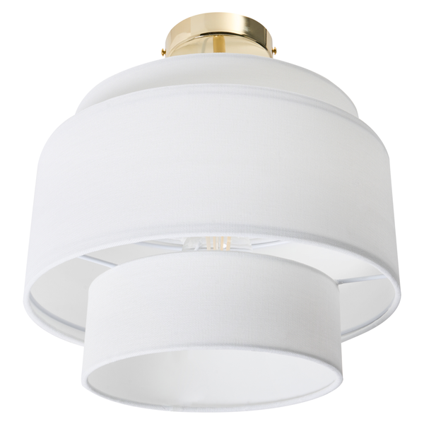 Deckenleuchte mit weißem Textilschirm in drei Stufen und goldfarbenem Metallsockel.