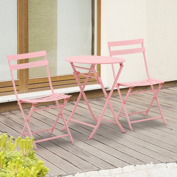 Outsunny 3-tlg. Gartenmöbel-Set, Bistrotisch mit 2 Stühlen, für Hof, Garten, klappbar, Metall, Ø60L x 71H cm, Rosa