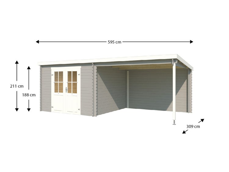 Graues Gartenhaus aus Holz mit Pultdach, weißer Doppeltür und Anbau. Breite 595 Zentimeter, Tiefe 309 Zentimeter, Höhe 211 Zentimeter.