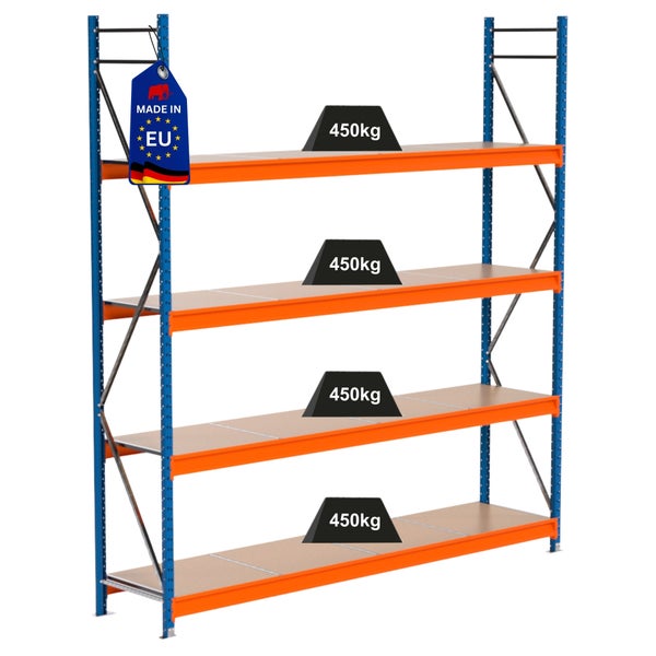 Lagerregal mit vier Ebenen und einer maximalen Traglast von 450 Kilogramm pro Ebene, Made in EU Siegel