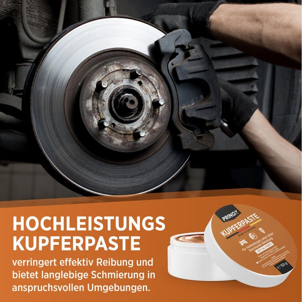 Prinox Profi Kupferpaste 150g - Extrem Hitzebeständig bis +1200°C - Kupferfett Paste für KFZ Bremsen, Auspuff, als Schmierpaste für Schrauben, Bremspaste etc.