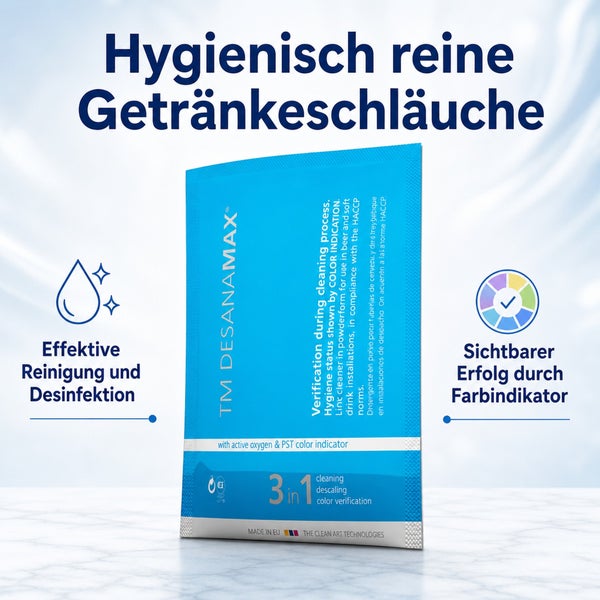 TM Desanamax Reiniger für Getränkeschläuche 3 in 1 mit Aktivsauerstoff und Farbindikator zur hygienischen Reinigung und Desinfektion.