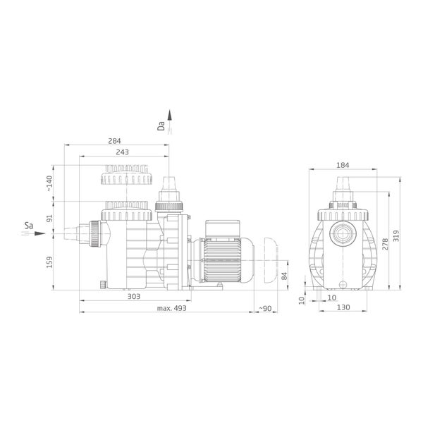 Technische Zeichnung einer Pumpe mit Maßangaben