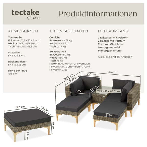 Rattan Lounge tectake Bellaria mit Sicherheitsglasplatte mit Aluminiumgestell natur