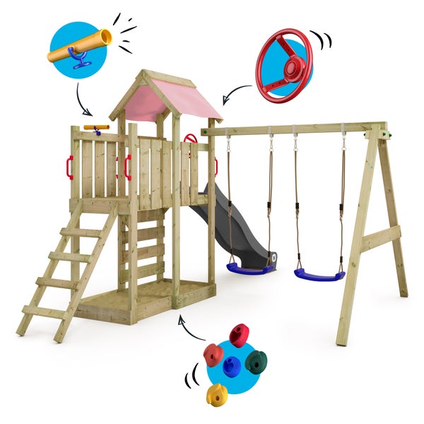 WICKEY Spielturm Klettergerüst MultiFlyer mit Schaukel und Rutsche, Kletterturm mit Sandkasten, Leiter und Spiel-Zubehör – anthrazit