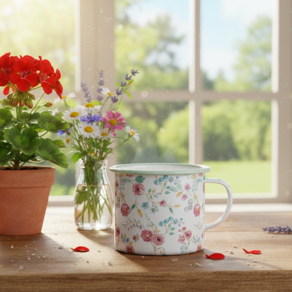 Organisierte Szene auf einem Holztisch mit einer Emaille-Tasse mit Blumenmuster, einem Tontopf mit einer Geranie und Wildblumen in einer Glasvase.