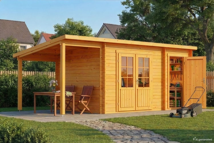Holzgartenhaus mit integrierter Terrasse und offenem Abstellraum in einem Garten mit Rasen und Steinweg