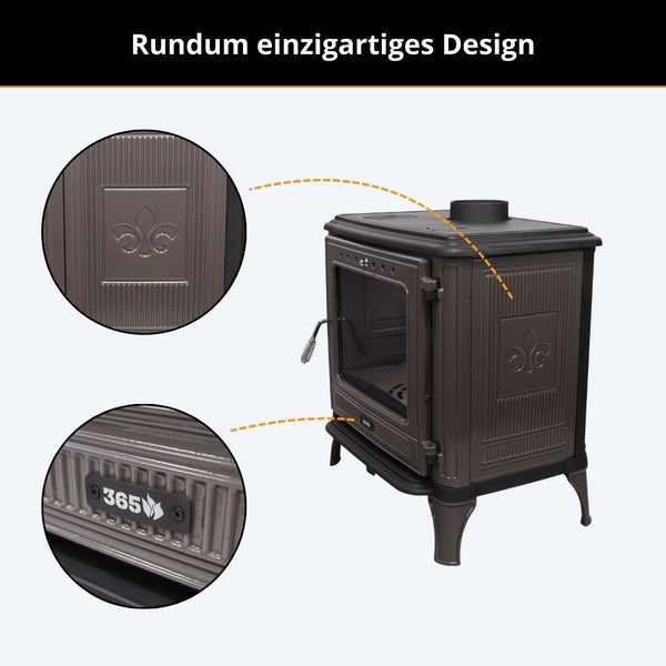 Kaminofen aus Gusseisen mit verzierten Seitenwänden und Logo 365.