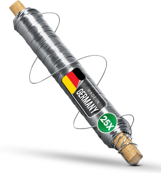 Verzinkter Wickeldraht auf Holzstab gewickelt, Packung mit 25 Stück, hergestellt in Deutschland.