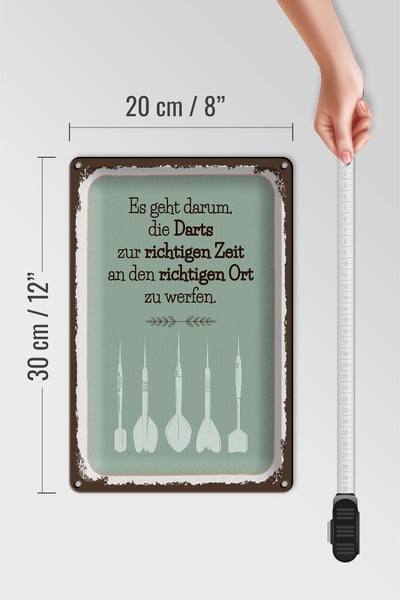 Blechschild Spruch Darts zur richtigen Zeit werfen 20x30cm