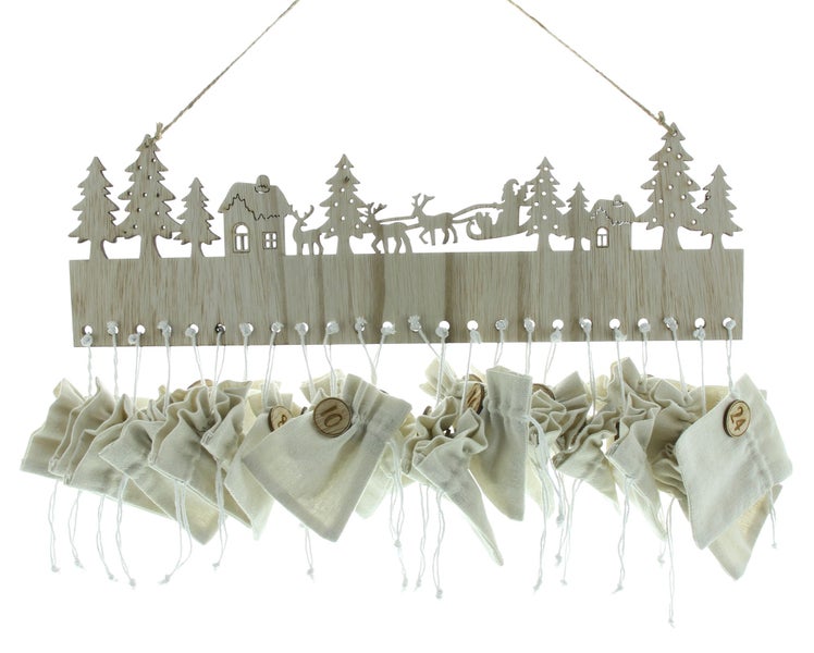 Holz Adventskalender mit Säckchen zum Aufhängen