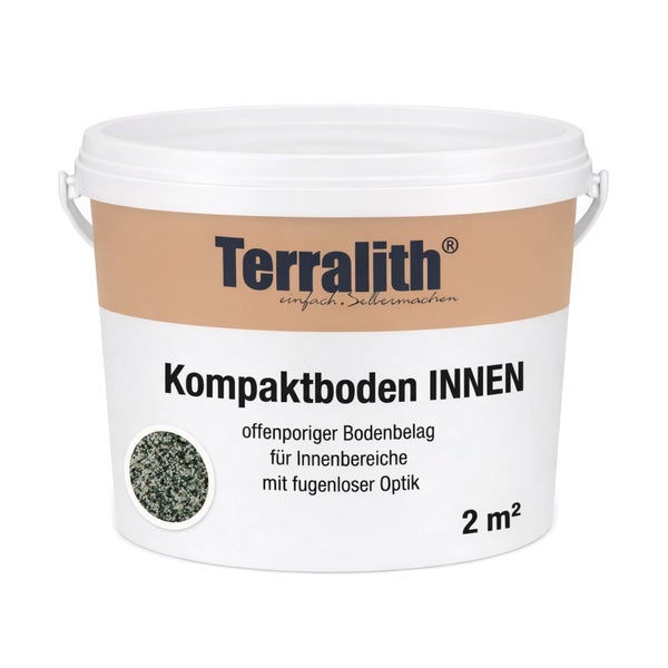 Terralith Logo, Kompaktboden Innen, offenporiger Bodenbelag für Innenbereiche mit fugenloser Optik, reicht für 2 Quadratmeter.