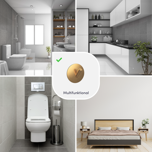 Collage mit verschiedenen Wohnraumszenen wie Badezimmer, Küche und Schlafzimmer sowie einem multifunktionalen runden Klebehaken