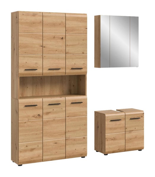 Badezimmer-Möbelset in Eiche-Optik bestehend aus Hochschrank, Spiegelschrank und Waschbeckenunterschrank.