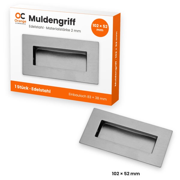 Rechteckiger Muldengriff aus Edelstahl, 102 mal 52 Millimeter, Einbauloch 83 mal 38 Millimeter, inklusive Originalverpackung