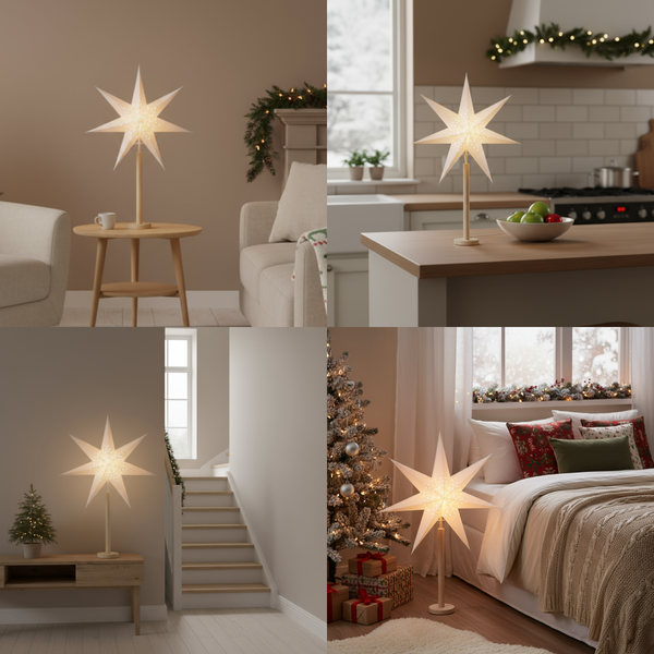 Collage mit Innenräumen, dekoriert mit einem Sternständer für die Weihnachtszeit