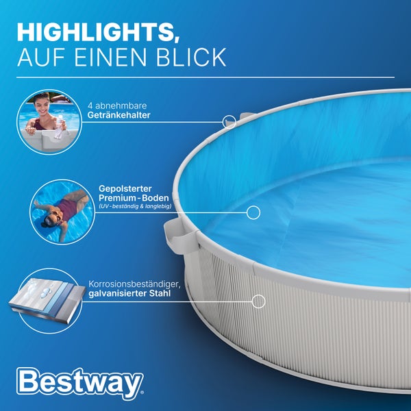 Bestway Pool Highlights: 4 abnehmbare Getränkehalter, gepolsterter Boden und korrosionsbeständiger galvanisierter Stahl. Bestway Logo.