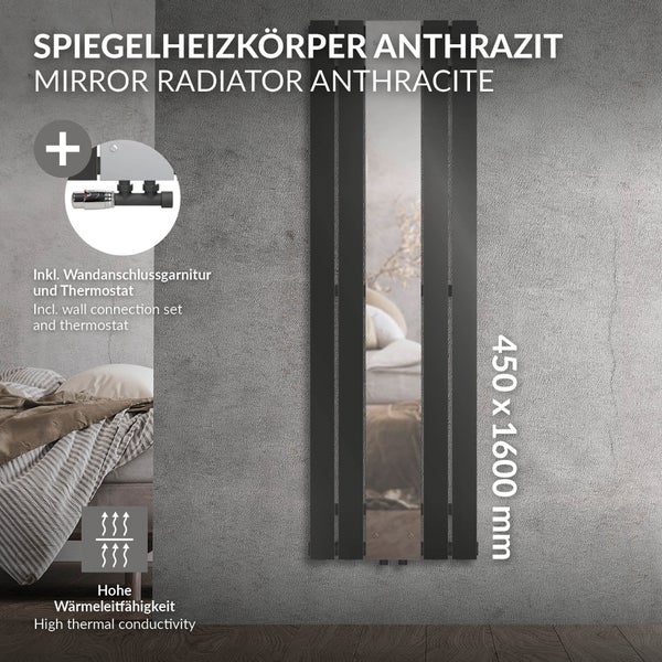 LuxeBath Badheizkörper mit Spiegel Mittelanschluss 1600x450 mm Anthrazit Wandanschlussgarnitur Eckform Multiblock Thermostat, Paneelheizkörper Vertikal Einlagig Spiegelheizkörper Glasheizkörper Flach