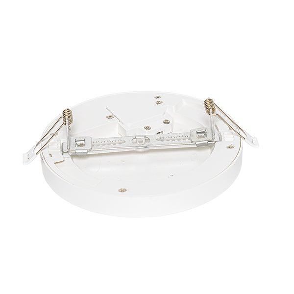 Rückseite einer runden LED-Einbauleuchte mit verstellbarem Montagebügel und Federklemmen.