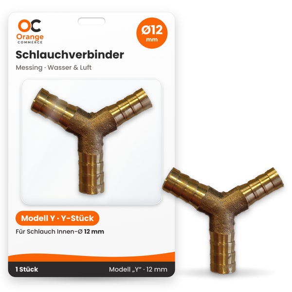 Y Schlauchverbinder aus Messing mit 12 Millimeter Durchmesser für Wasser und Luft in Blisterverpackung.