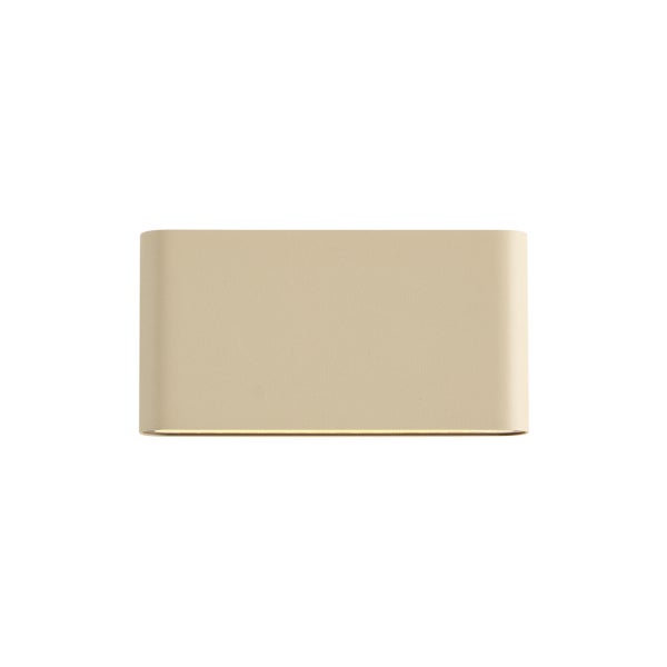 Rechteckige, sandfarbene Wandleuchte mit abgerundeten Ecken und Lichtaustritt nach unten.
