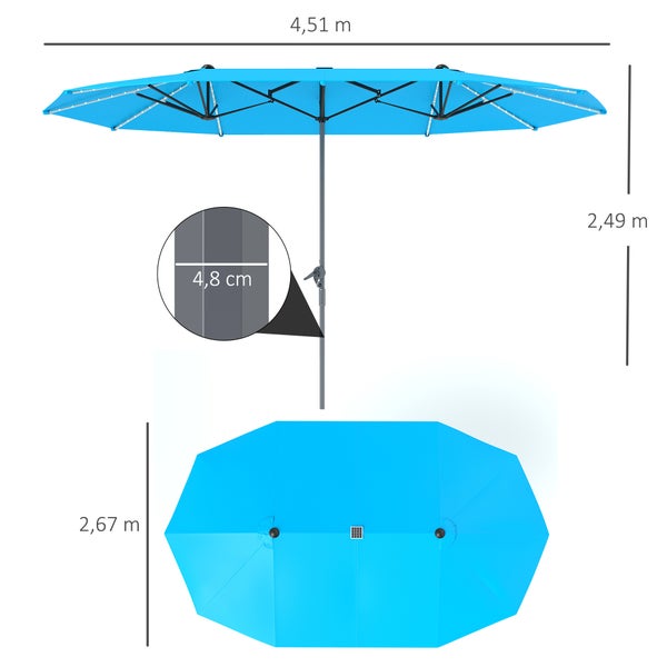 Outsunny Doppelsonnenschirm mit Solar LED Lichtern 451x267 cm Aluminium UV 50+ Sonnenschirm mit Handkurbel, Balkonschirm windfest Marktschirm Sonnenschutz für Strand Balkon Garten, Blau