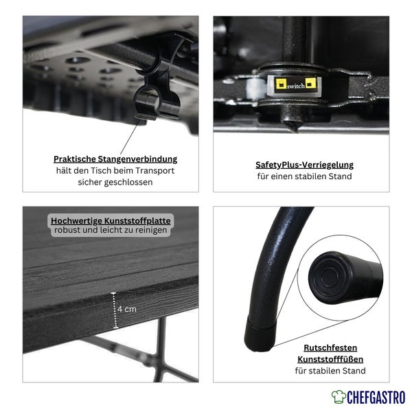 Schwarzer Klapptisch, platzsparend zusammenfaltbar, mit Kunststoff-Tischplatte und Metallgestell. ChefGastro Logo.