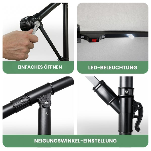 Sonnenschirm-Details: Kurbel zum Öffnen, LED-Beleuchtung mit Schalter und Gelenke zur Einstellung des Neigungswinkels.