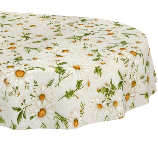 Rundes Tischtuch mit Gänseblümchen-Muster und Blättern aus Stoff in Leinen-Optik.