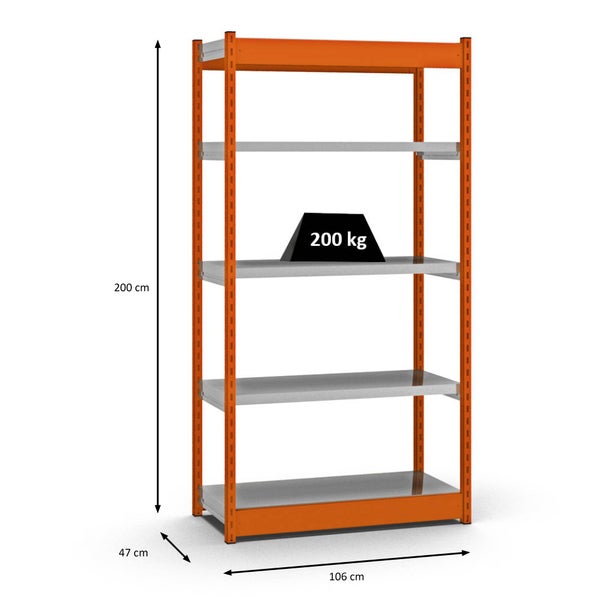 PROREGAL Fachbodenregal Stecksystem Vierkant-Profil Grundregal HxBxT 200 x 102,5 x 40 cm 5 Ebenen Einseitige Bauart Fachlast 200 kg Orange
