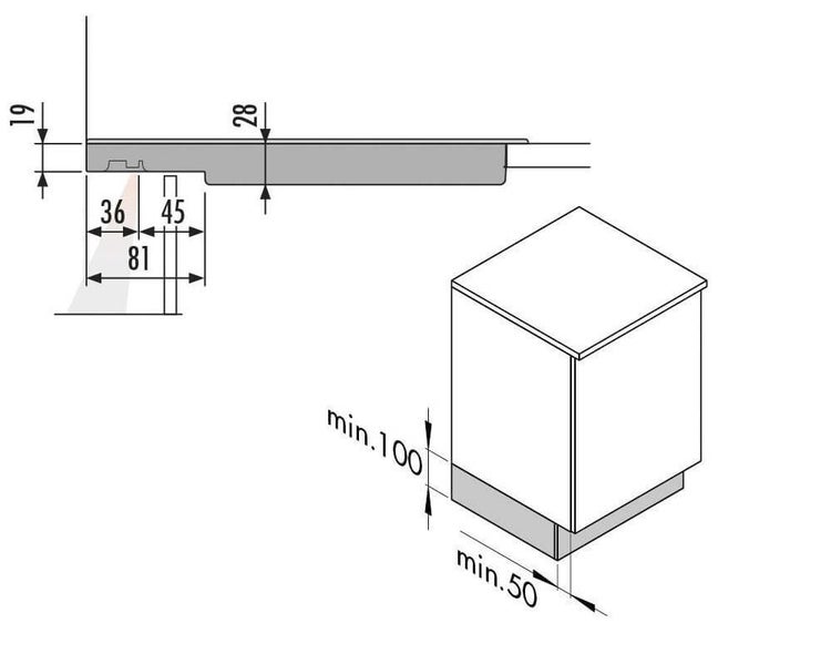 Maßzeichnung für den Einbau eines Kochfelds in einen Küchen-Unterschrank mit Maßangaben in Millimetern, Minimum 50 und Minimum 100.