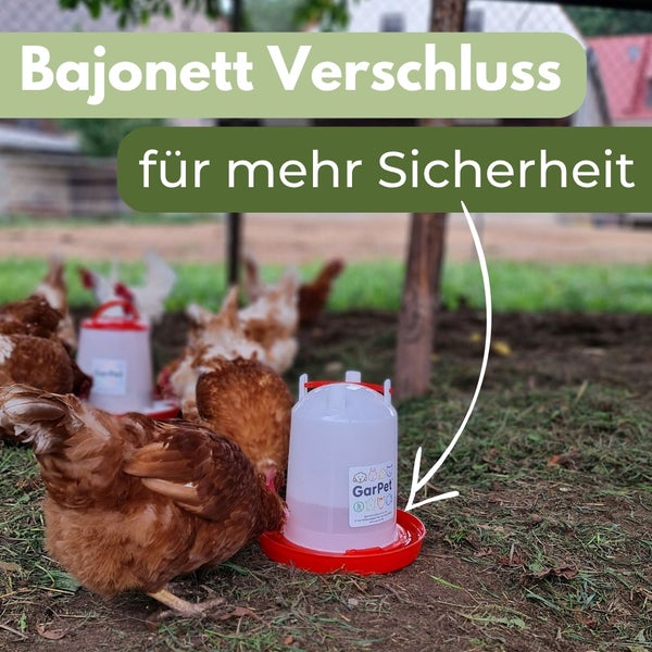 Hühnertränke mit Bajonettverschluss für sicheren Halt im Hühnerstall mit trinkenden Hühnern und GarPet Logo