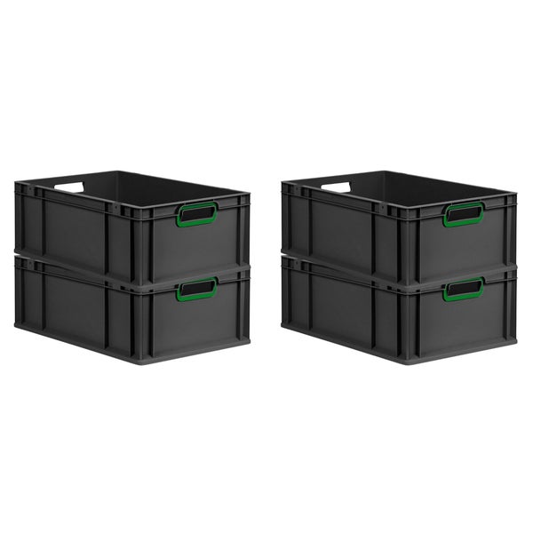 PROREGAL SuperSparSet 4x Eurobox NextGen Color, HxBxT 22x40x60cm, 44 Liter, Griffe grün offen, Verstärkter Boden, Schwarz, Eurobehälter, Transportbox, Transportbehälter, Stapelbehälter