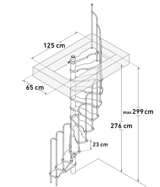 HandyStairs platzsparende Wendeltreppe „Sampax“ – 120x60 cm – 299 cm hoch – 12 Buchenstufen – Grau