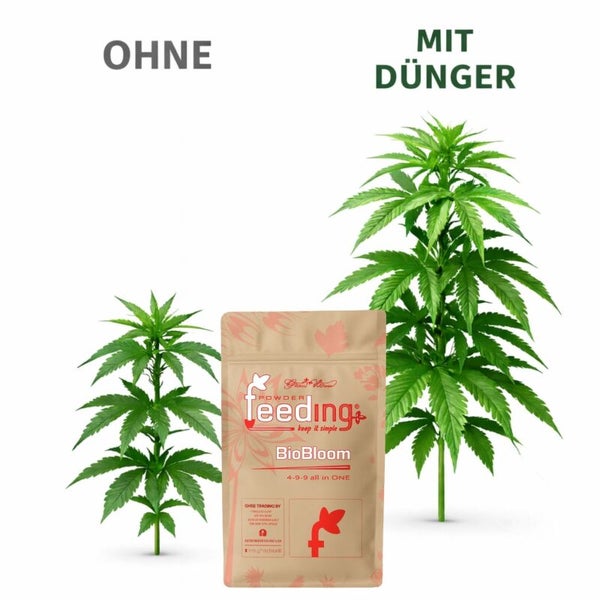 Darstellung eines Pflanzenvergleichs mit und ohne Dünger neben einer Packung BioBloom Dünger.