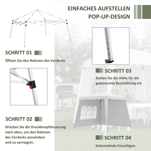 Outsunny Faltpavillon 2,4 x 2,4m Pavillon mit Seitenwand höhenverstellbar Partyzelt mit UV-Schutz, Faltzelt mit Tragetasche für Garten, Balkon, Oxford, Stahl, Weiß