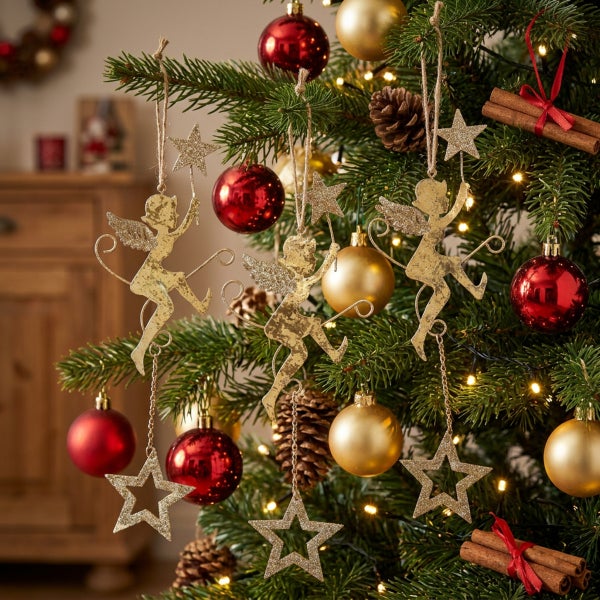 Weihnachtsbaum mit goldenem Engelfiguren Anhänger und Weihnachtskugeln in Rot und Gold