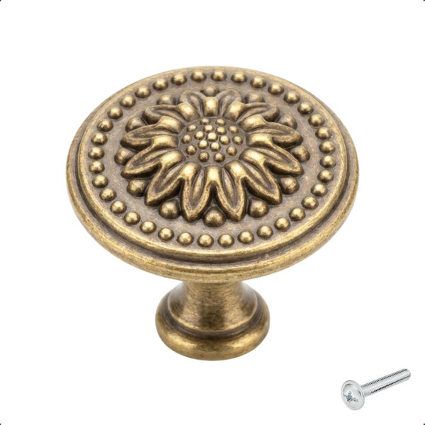 Runder Möbelknopf aus antikem Messing mit Sonnenblumenmuster und Perlenrand, inklusive Befestigungsschraube.