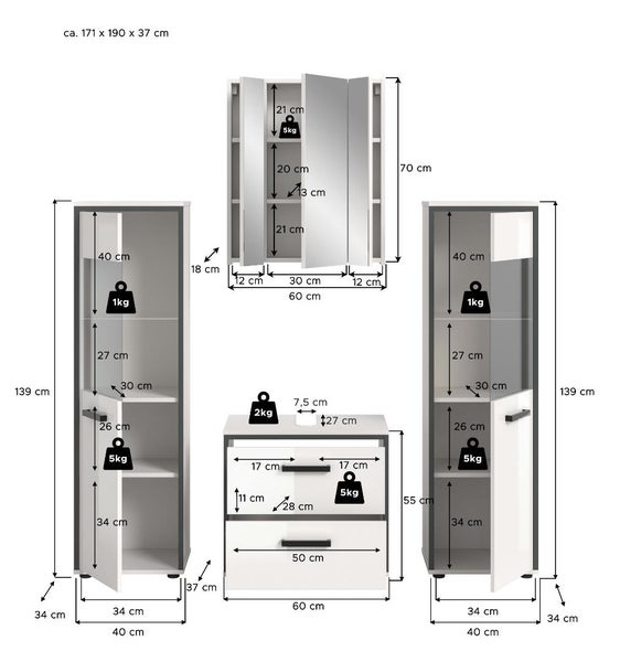 Maßzeichnung eines Badezimmermöbel-Sets mit Belastbarkeitsangaben. Enthält zwei Hochschränke, einen Spiegelschrank und einen Unterschrank.