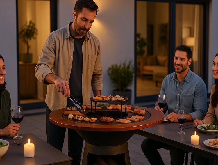 Szene mit einem runden Grilltisch, an dem eine Gruppe von Personen sitzt und grillt