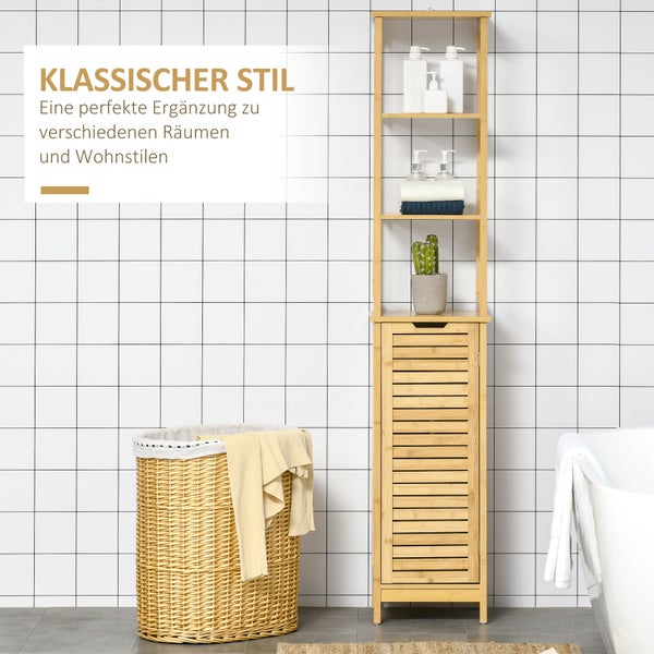 kleankin Badezimmerschrank Badschrank mit 3 offenen Fächer und 1 Schrank, Badmöbel Freistehender Hochschrank für Badezimmer, kleine Räume, Natur 34 x 30 x 173 cm