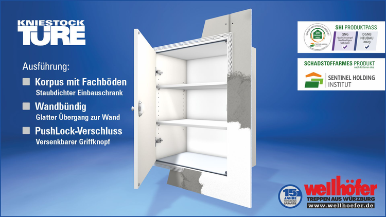 Staubdichter Kniestockeinbauschrank von Wellhoefer mit drei Fachböden, wandbündiger Montage und PushLock Verschluss inklusive Prüfsiegel.