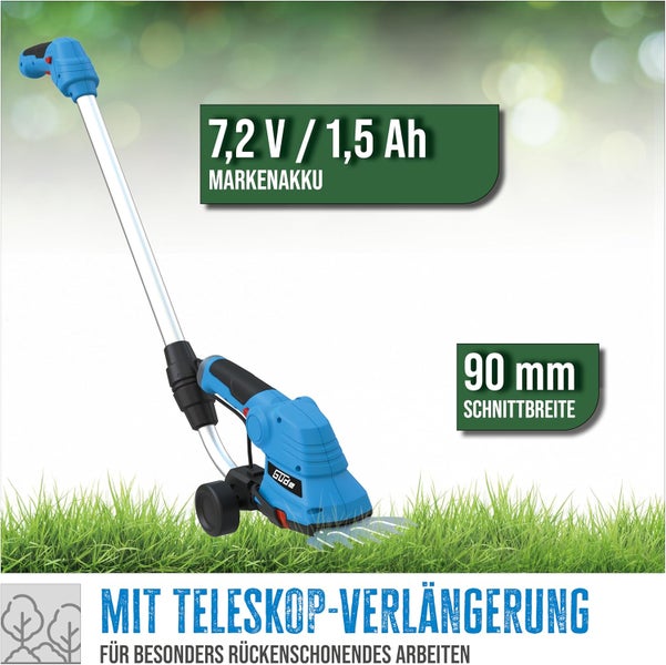 Güde Akku-Gras- und Strauchschere mit Teleskopstiel, 7,2 Volt, 1,5 Amperestunden Markenakku und 90 Millimeter Schnittbreite.